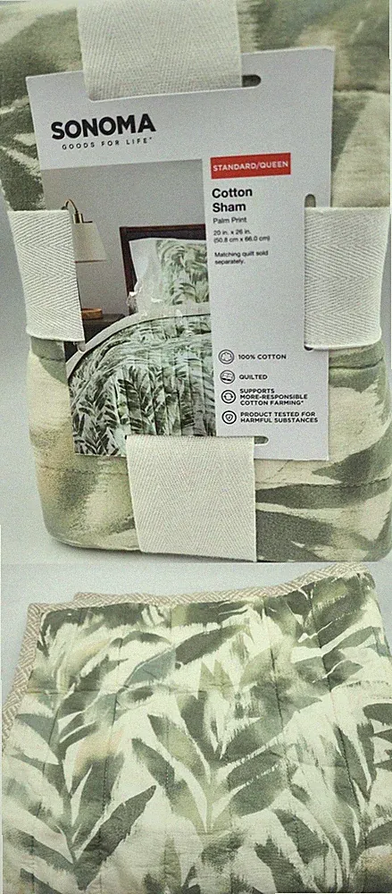 $25 Sonoma Palm Tree Print Cotton Quilted Standard Sham Muted Green Tropical New