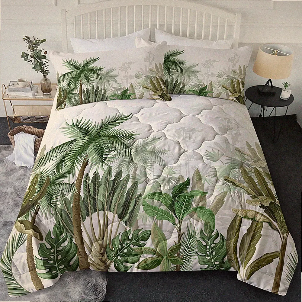3 Pcs Tropical Comforter Set Beach Coastal Palms Tree Leaves Bedding Set