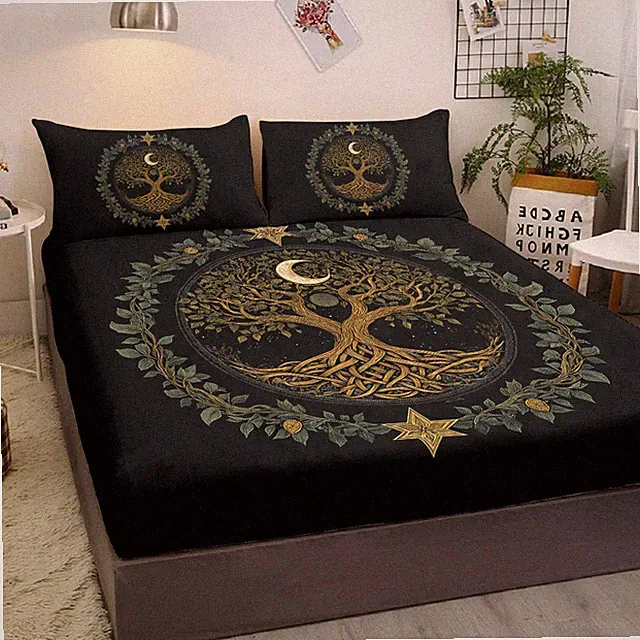 3PCS Tree Of Life Minimalist Comfort Series Bed Fitted Sheet And 2 Pillowcases