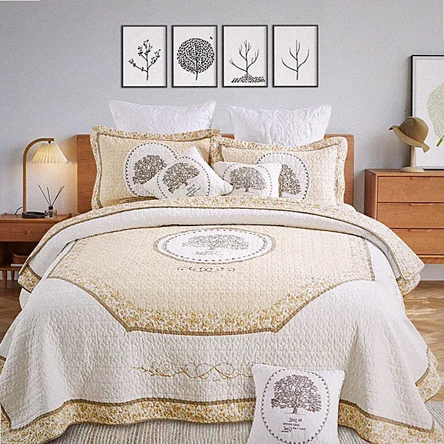 3PCS Tree of Life Quilt Set Cotton Embroidery Bedspread Lightweight Coverlet...