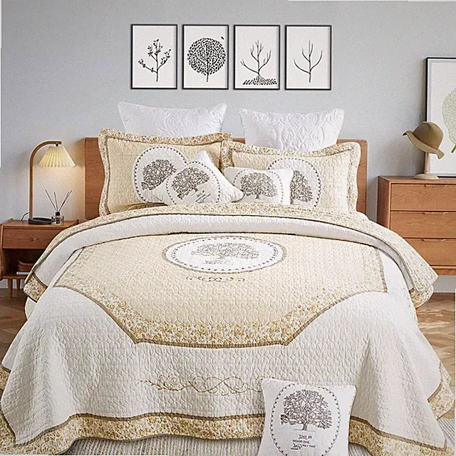 3PCS Tree of Life Quilt Set Cotton Embroidery Bedspread Lightweight Coverlet Set