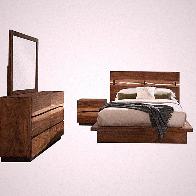 4 PC RUSTIC SMOKEY WALNUT TREE SLAB KING BED NS DRESSER BEDROOM FURNITURE SET