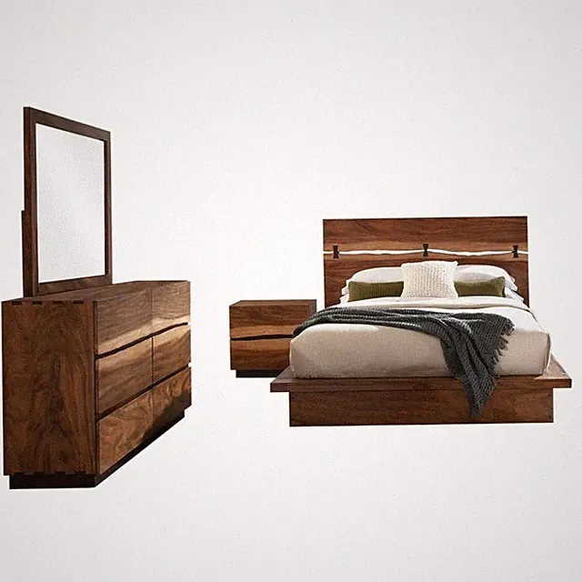 4 PC RUSTIC SMOKEY WALNUT TREE SLAB QUEEN BED NS DRESSER BEDROOM FURNITURE SET