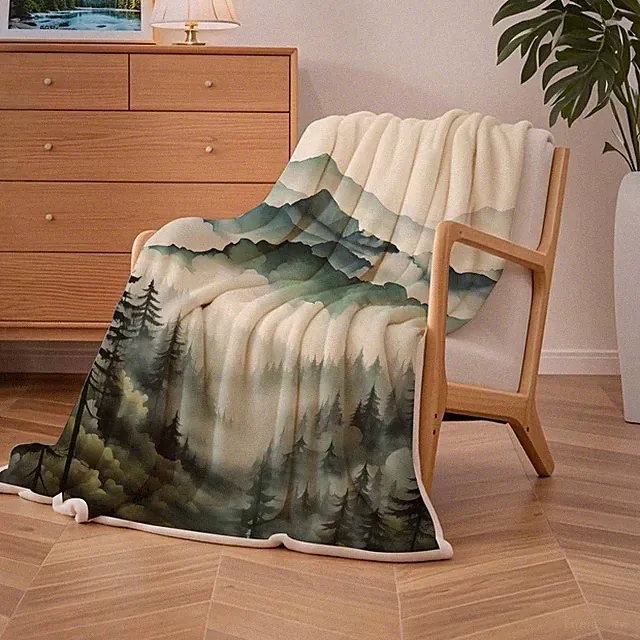 50x60 inch Misty Forest Fleece Blanket Soft Warm Nature Mountain Throw Green