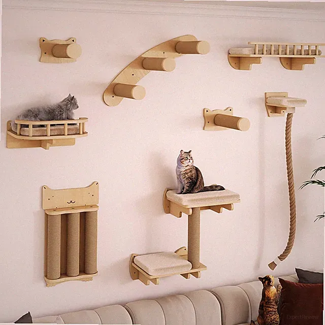 8 Pcs Cat Wall Climbing Set, Wood Cat Furniture with Scratching Posts, Kitten...