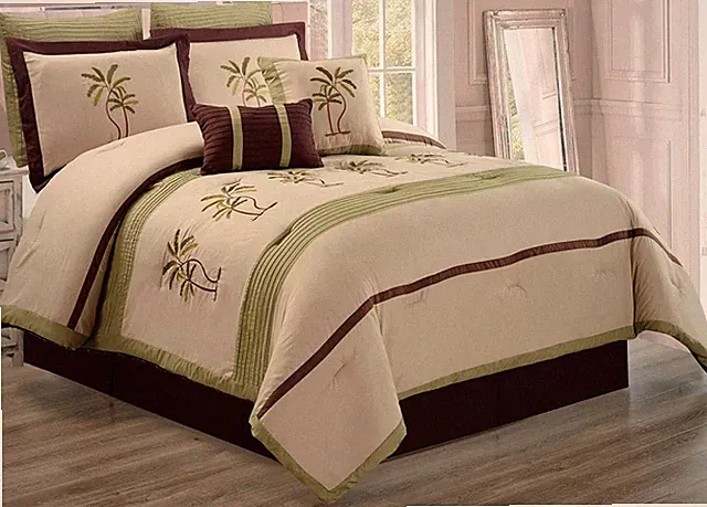 8 Piece Comforter Set Sage Green Beige Brown Palm Tree Embroidered Full Bedding