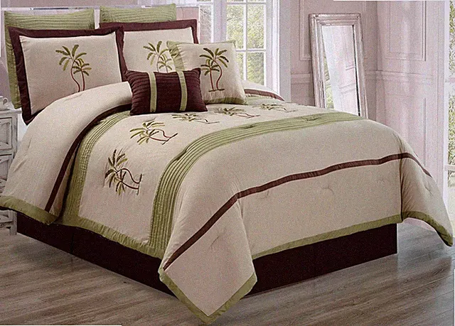 8 Piece Oversize Sage Green/Beige Tropical Palm Tree Embroidered Comforter Set
