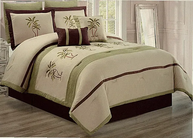 8 Piece Palm Tree Embroidered Comforter Set Oversize Full Bedding Sage Green