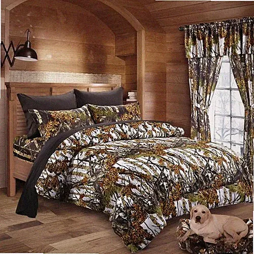 9 pc Full White Camo comforter with Black Camo sheets and pillowcases The Woods