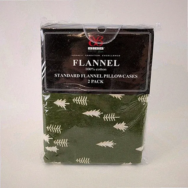 BIBB Home Flannel Pillowcases Set of 2 Green White Pine Trees 20"x30" New
