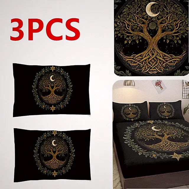 Black Sheet Set Moon God Tree Fitted Sheet 3PCS with 2 Pillowcases for Bedroom