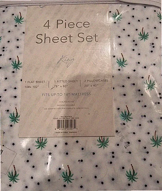 Cabana Palm trees king Sheet Set White Green White Beach Coastal 4 Pc