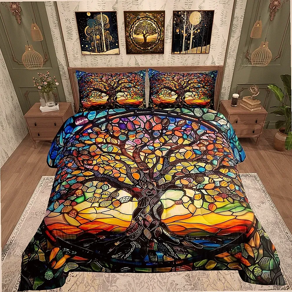 Castle Fairy Tree of Life Bedding Set King Size Modern Artwork Comforter Abst...