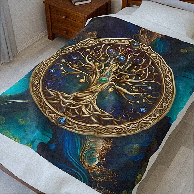 Celtic Tree of Life Blanket Gold Plush Throw Soft Cozy