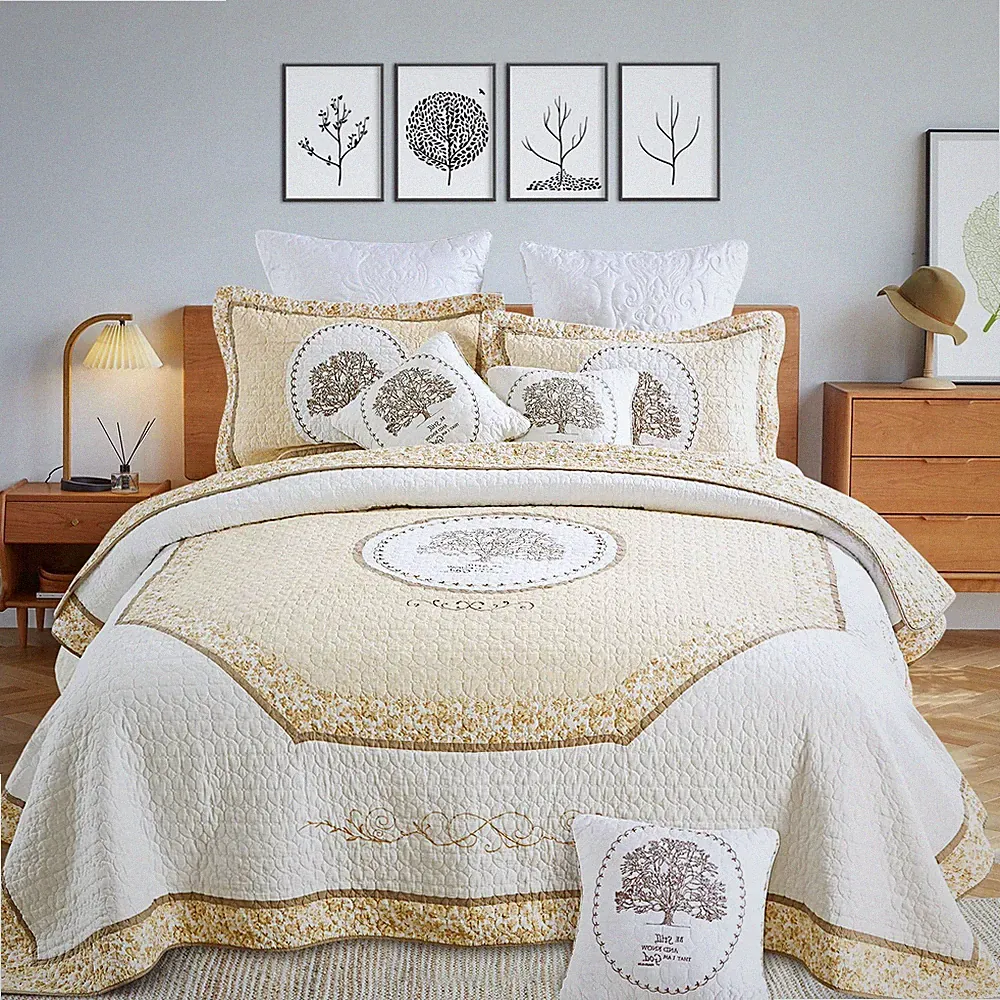 GeeComfy 3PCS Tree of Life Quilt Set Cotton Embroidery Bedspread Lightweight...