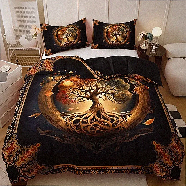 Golden Life Tree Duvet Cover Set + Pillowcases Twin Full Queen King Quilt Covers