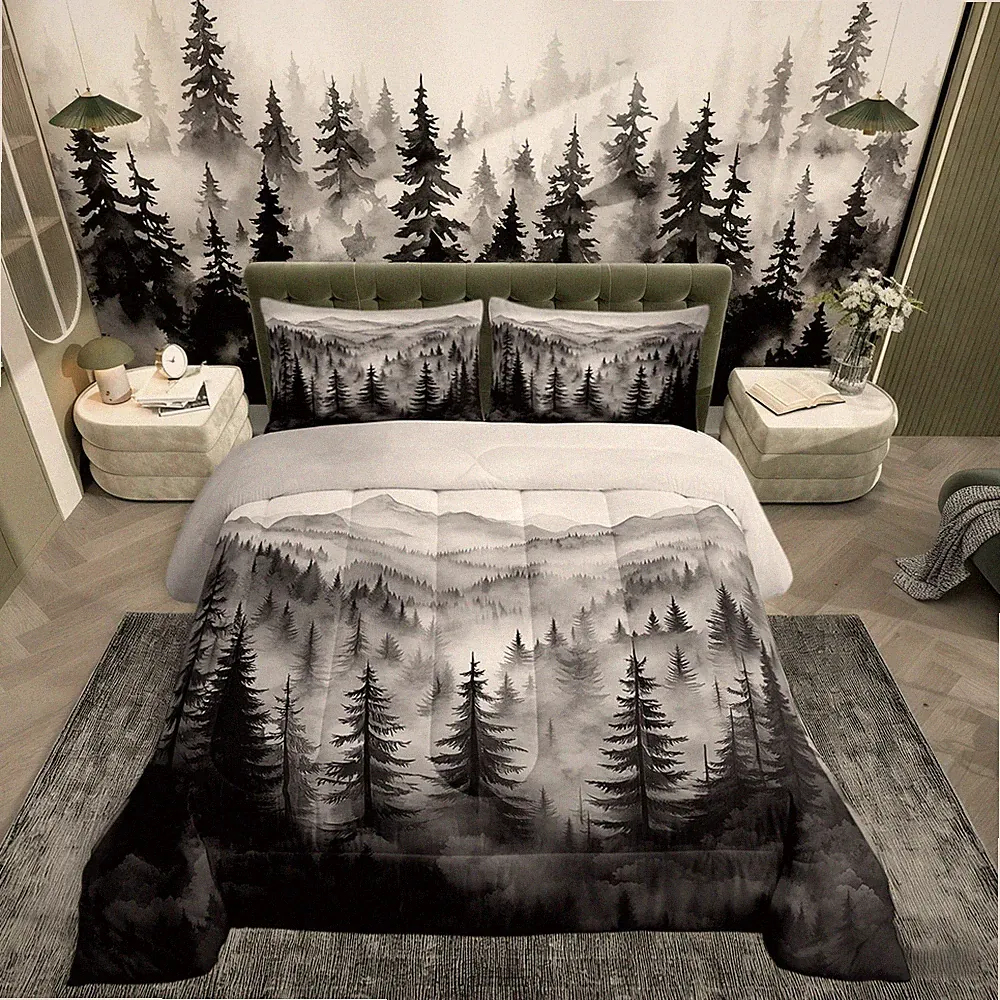 Grey Forest Comforter Set Queen,Rustic Woodland Pine Tree Bedding Set for Kid...