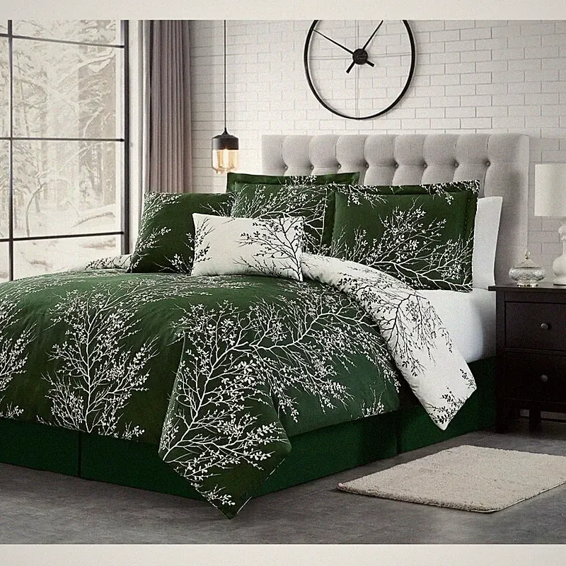 Hunter Green White Nature Tree Branches Leaf 6 pc Comforter Set Queen King Bed