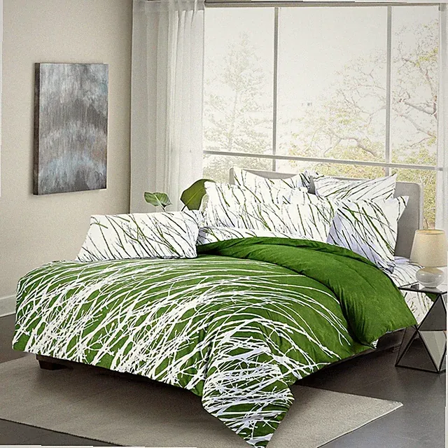 King Size Green Tree Cotton Bedding Set: 1 Duvet Cover & 2 Pillow Shams (R2883)