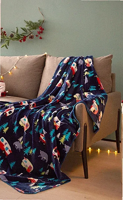 NEW SUPER SOFT COZY PLUSH THROW BLANKET 50" X 60" CAMPER WITH BEARS & TREES BLUE