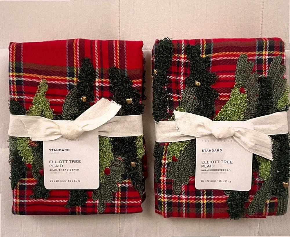 Pottery Barn ELLIOT TREE EMBROIDERED PLAID Standard Shams ~Set of Two~ NWT