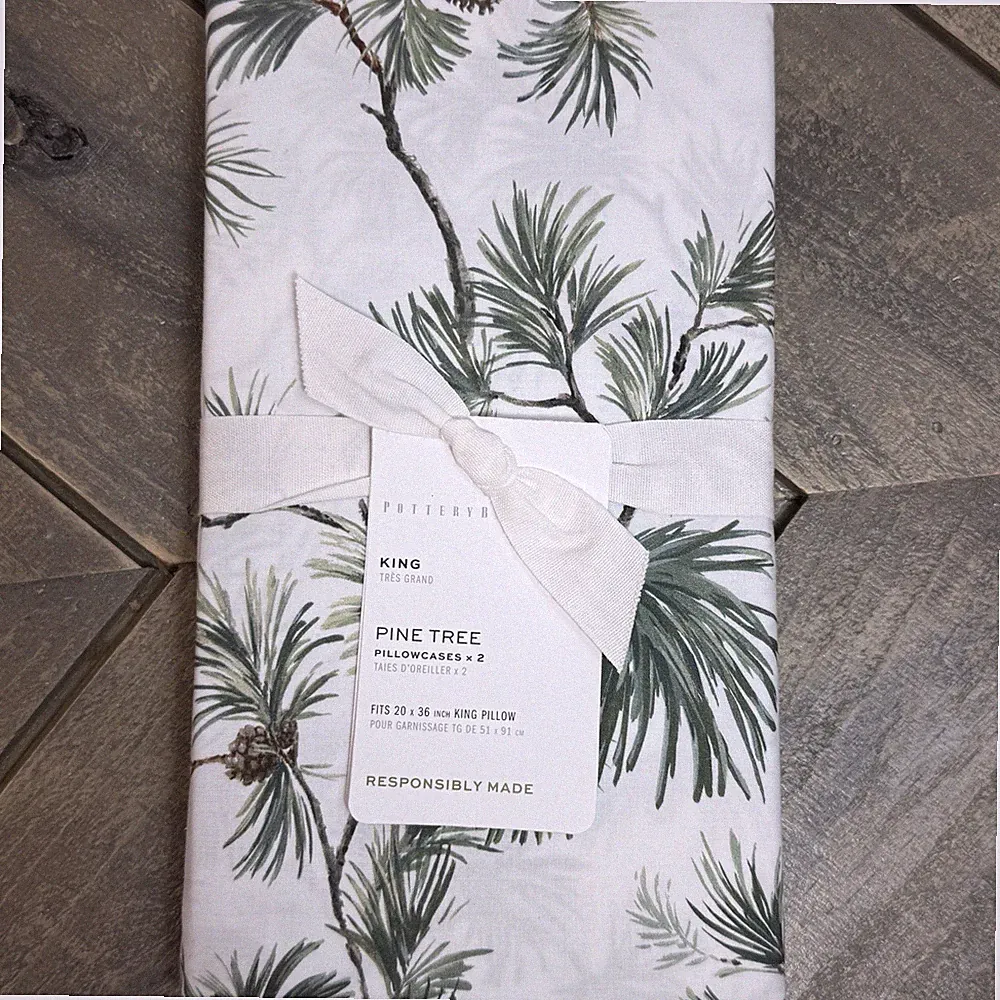 POTTERY BARN PINE TREE PILLOWCASES, KING-SET OF 2 NATURE CABIN COTTAGE RUSTIC