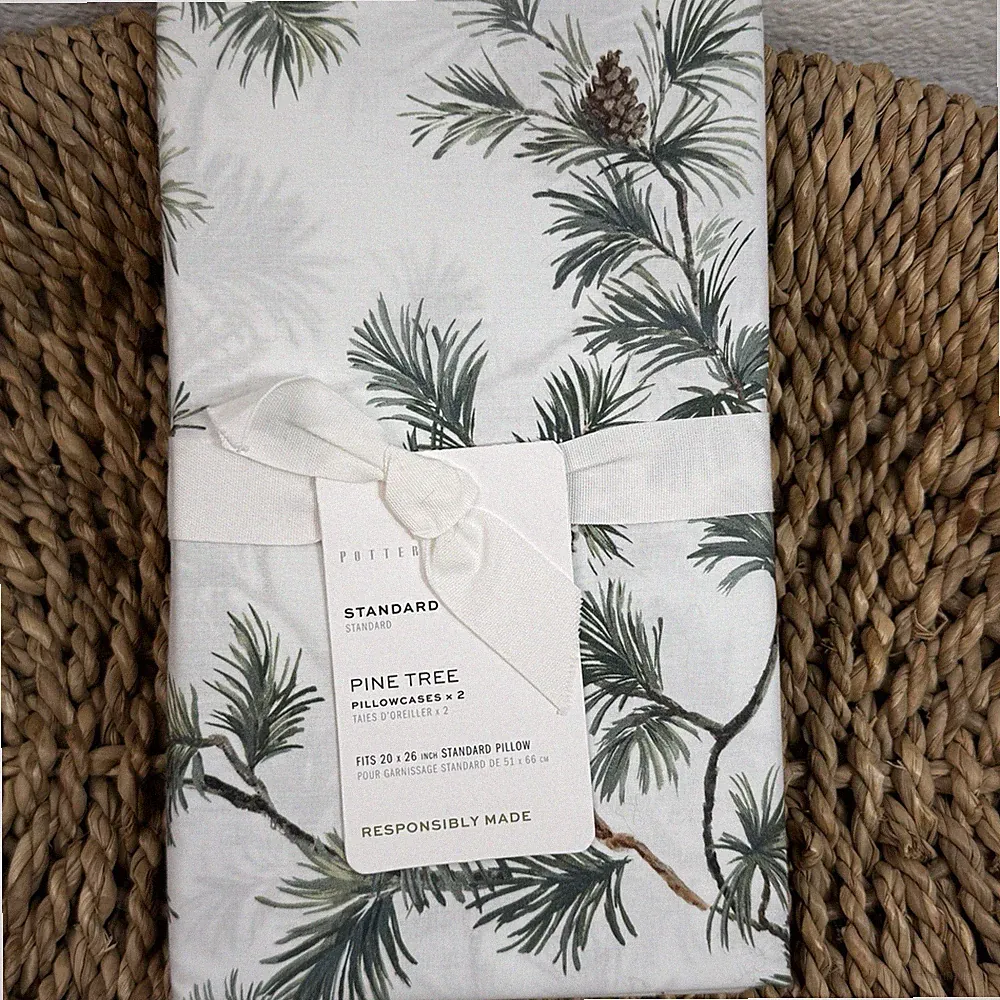POTTERY BARN PINE TREE PILLOWCASES, STANDARD - SET 2 NATURE CABIN COTTAGE RUSTIC