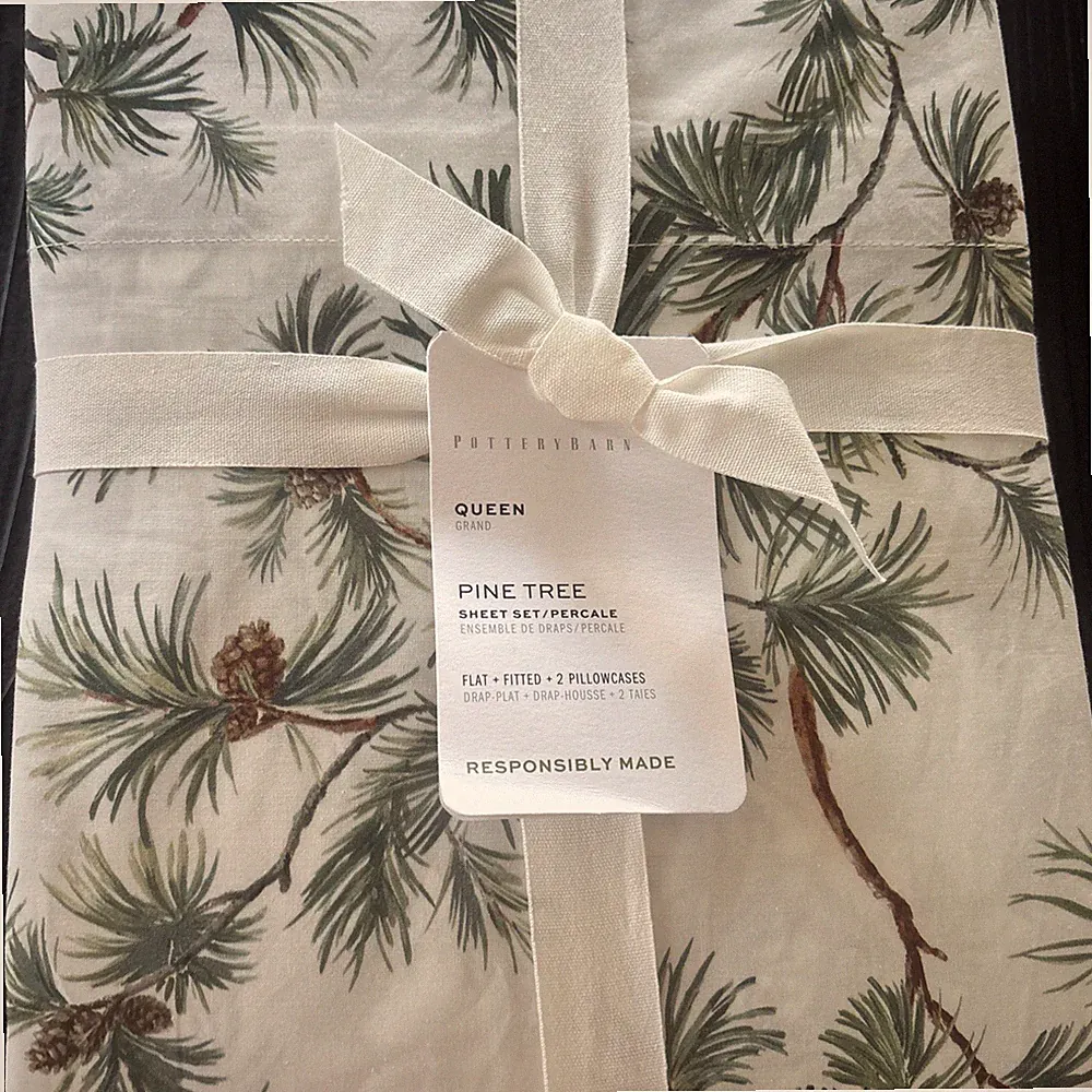 Pottery Barn PINE TREE PRINTED Sheet Set 4/PCs Queen NWT