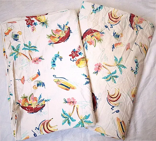 Pottery Barn Tropical Fruit Full Flat Fitted Sheets Palm Tree Aloha Drinks Flaws
