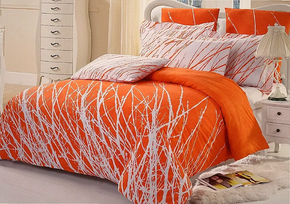 King Size Orange Tree Print Cotton Bedding Set: 1 Duvet Cover + 4 shams (a2909)