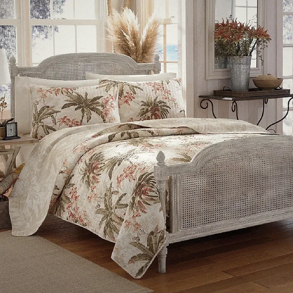 Quilt Set Queen Green Beige Tropical Palm Tree Flower Cotton Reversible Bedding