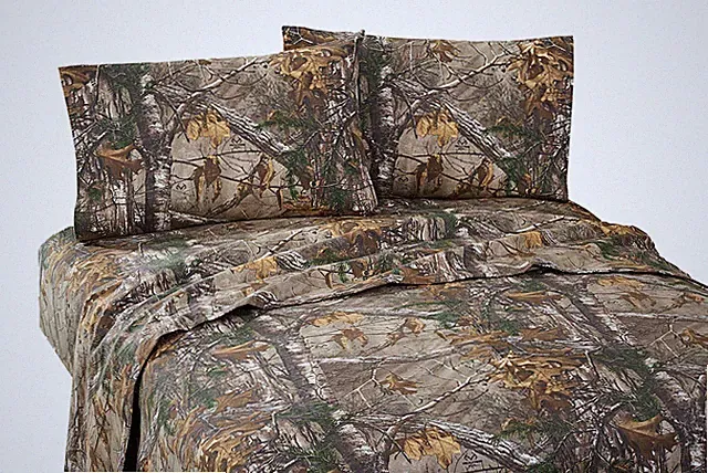 Realtree Xtra King Sheet Set Hunting Camouflage 4pc Percale Brown Leaves Green