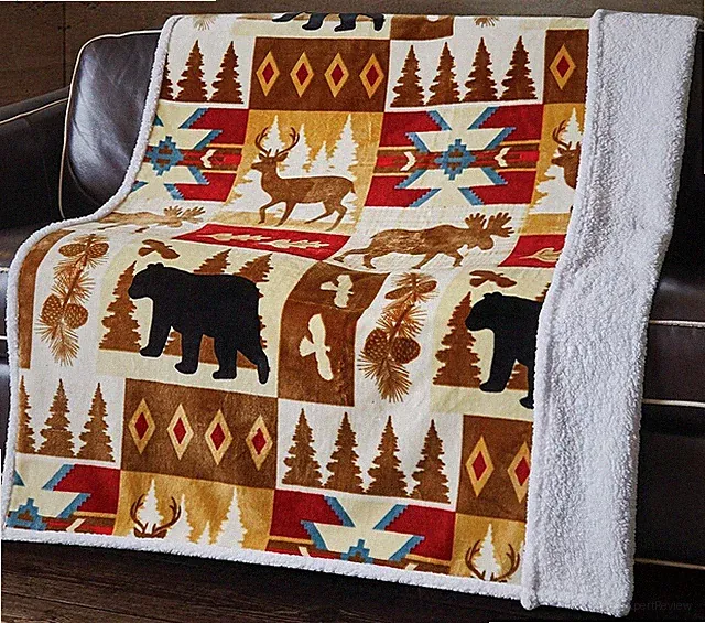 Rustic Sherpa Throw Blanket Bear Moose Deer Pine Tree Lodge Cabin Decor 50x60