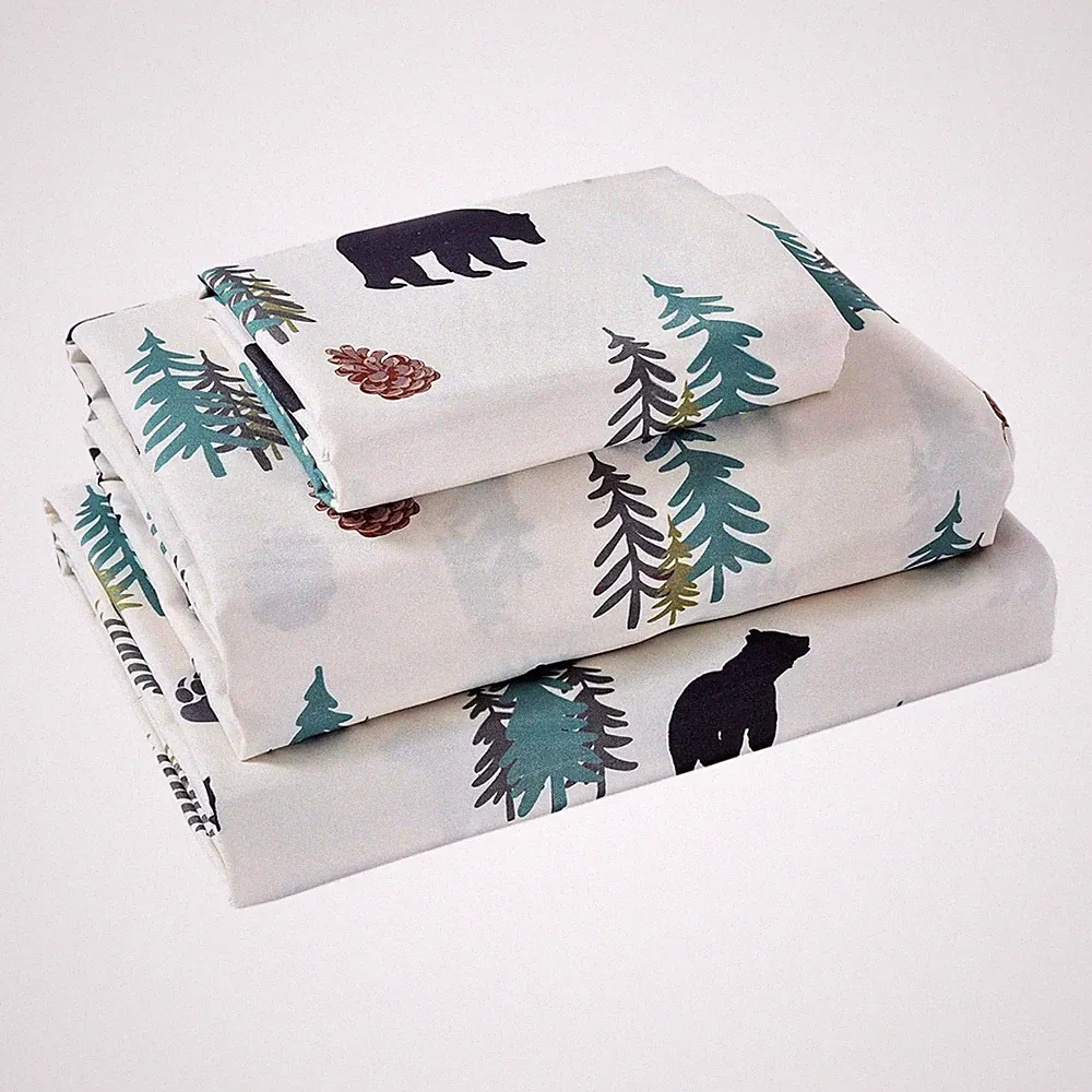 Rustic Woodland Bear & Pine Tree Cabin Lodge Queen Bed Sheet Set