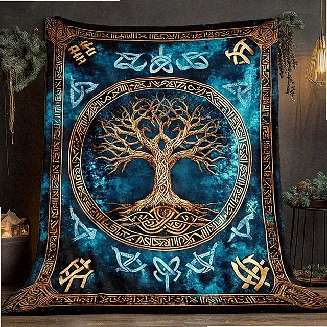 Viking Tree of Life Flannel Blanket Soft Nordic Throw Travel Camping