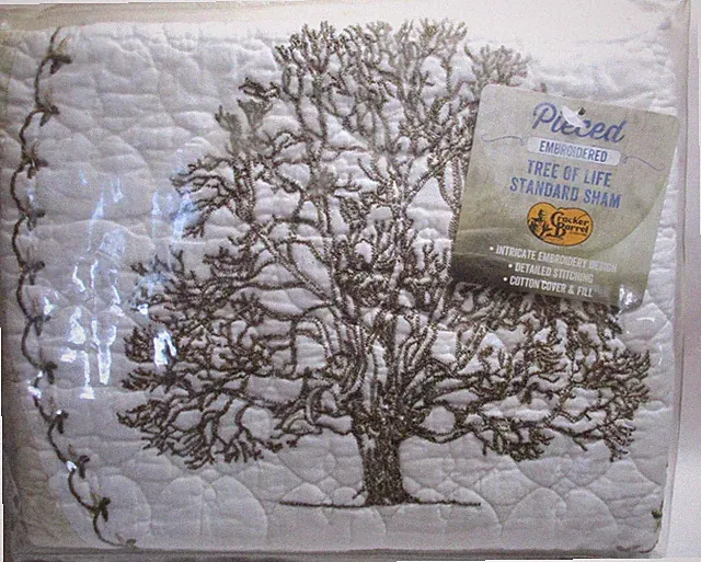 VINTAGE CRACKER BARREL TREE OF LIFE EMBROIDERED QUILTED PILLOW SHAM,NEW 20" X 26