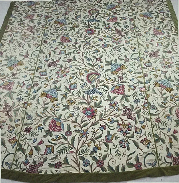 Vintage Kashmiri Jacobean Tree Of Life Crewel Embroidered Coverlet 110x98in